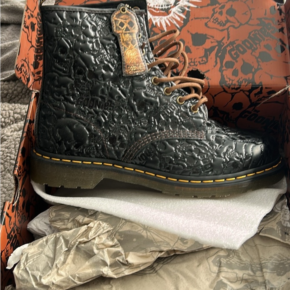 Dr. Martens Black Embossed Leather Combat Boots with Yellow Stitching